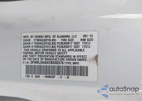 2014 Honda Odyssey Exl z USA, uszkodzony, nr VIN 5FNRL5H6XEB030376